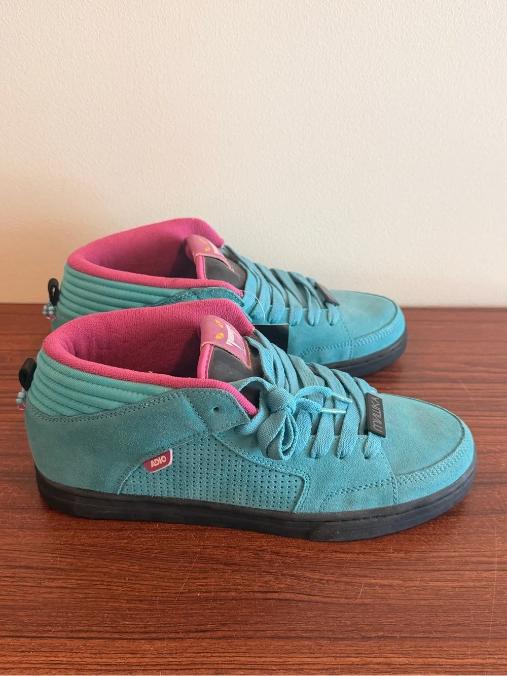 2009 never released Adio x Mishka Teal and Pink High-Top Suede Sneakers